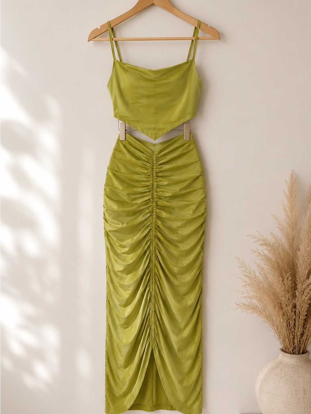 Lime Green Ruched Two-Piece Maxi Set - Picture 3 of 5